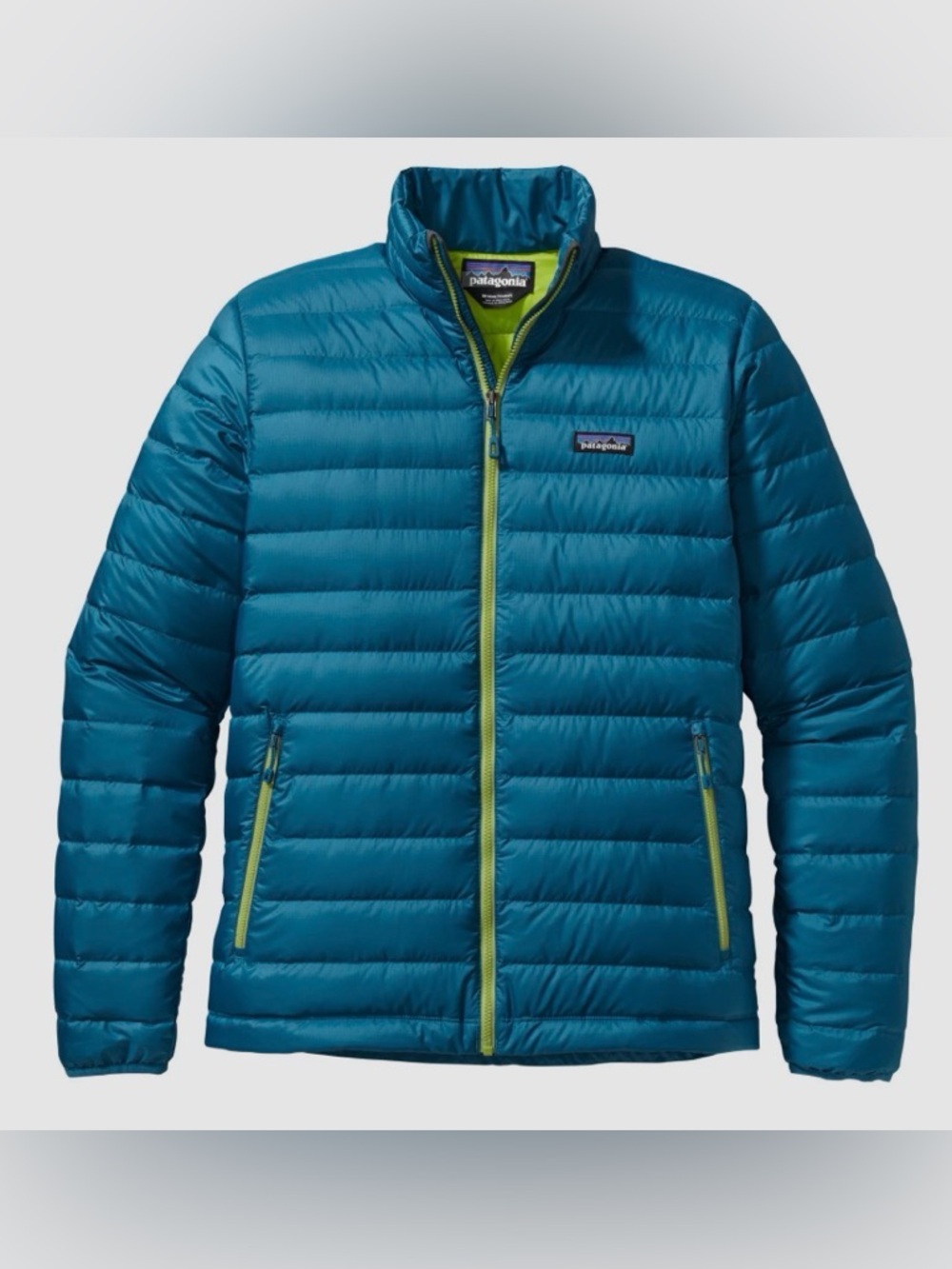 PATAGONIA Men’s Teal Down Sweater Puffer Jacket with Lime Trim